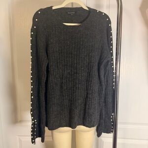 Dark Grey Sweater with Pearl Accents & Ribbed Detail Size L | Strut & Bolt